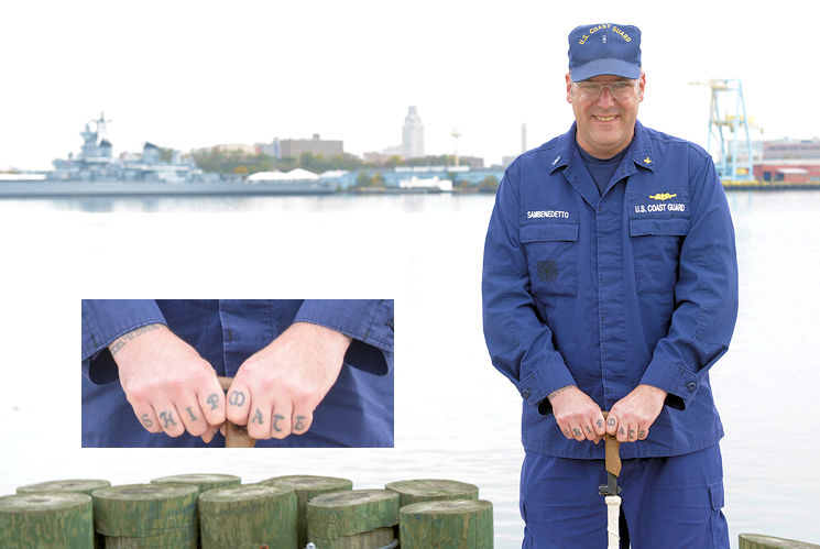 Chief Warrant Officer Richard Sambenedetto stands on the pier at Coast Guard Sector Delaware Bay in Philadelphia, Monday, Nov. 2, 2015 with his 'Shipmate' tattoo inset left. Sambenedetto is the finance and supply division chief within the logistics department at Sector Delaware Bay.(Image created by USA Patriotism! from U.S. Coast Guard photo by Chief Petty Officer Nick Ameen)