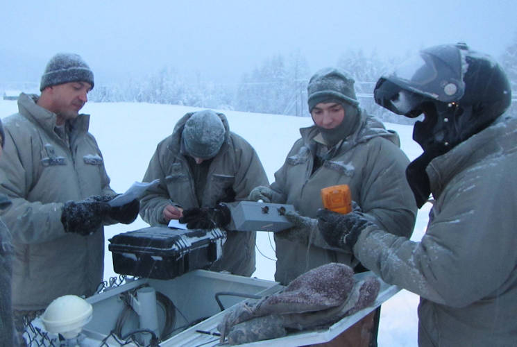 January 23, 2015 - Airmen stationed at Detachment 460, Eielson AFB, Alaska, conduct maintenance at one of their seismic arrays in support of the Air Force Technical Applications Center’s nuclear treaty monitoring mission. (U.S. Air Force courtesy photo)