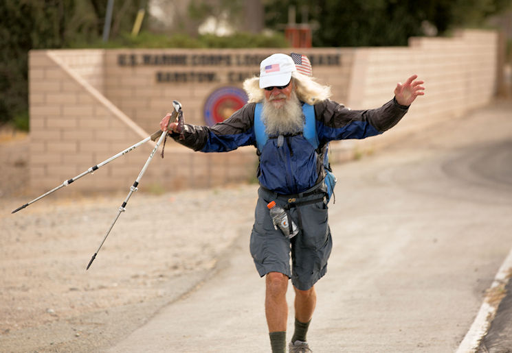 November 15, 2017 - Sunny Eberhart completes his traversing of Marine Corps Logistics Base Barstow, California as another part of his mission to walk the entirety of Route 66 from Chicago, Illinois to Santa Monica, California, a distance of 2,400 miles. Joseph Boll Avenue through the base is part of the iconic Mother Road. (U.S. Marine Corps photo by Keith Hayes)