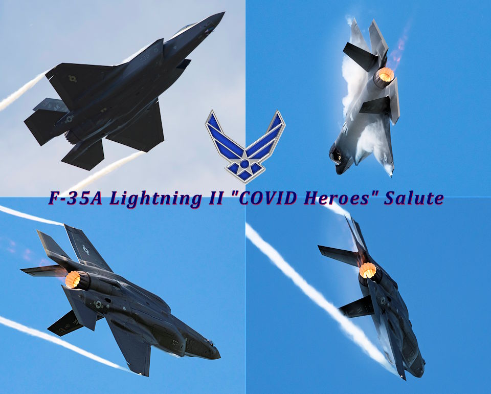 July 10, 2020 - A U.S. Air Force F-35A Lightning II out of Eielson Air Force Base, Alaska, maneuvers over Joint Base Elmendorf Richardson, Alaska , as part of JBER Salutes, a two-day event to show appreciation to service members and nearly 100 Anchorage-area “COVID Heroes” and their guests. (Image created by USA Patriotism! from U.S. Air Force photos by Alejandro Peña)