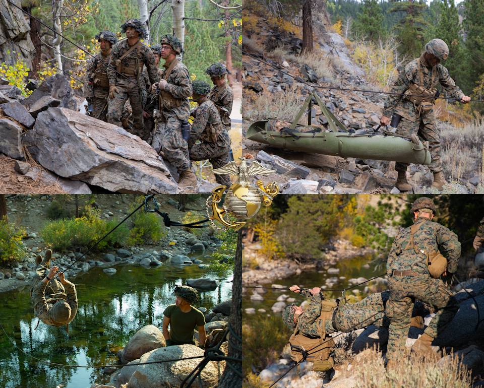 October 2020 - U.S. Marines with Easy Company, 2nd Marine Regiment, 2nd Marine Division, participate in a steep slope mountain training course that includes climbing, river crossing, and rescuing during Mountain Training Exercise (MTX) 1-21 at Marine Corps Mountain Warfare Training Center, Bridgeport, California. (Image created by USA Patriotism! from U.S. Marine Corps photos by Lance Cpl. Sarah Hediger.)