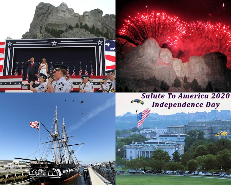 The Salute To America collage celebrating Independence Day July 4, 2020 includes four inspiring images. (Image created by USA Patriotism! from military service member photos)