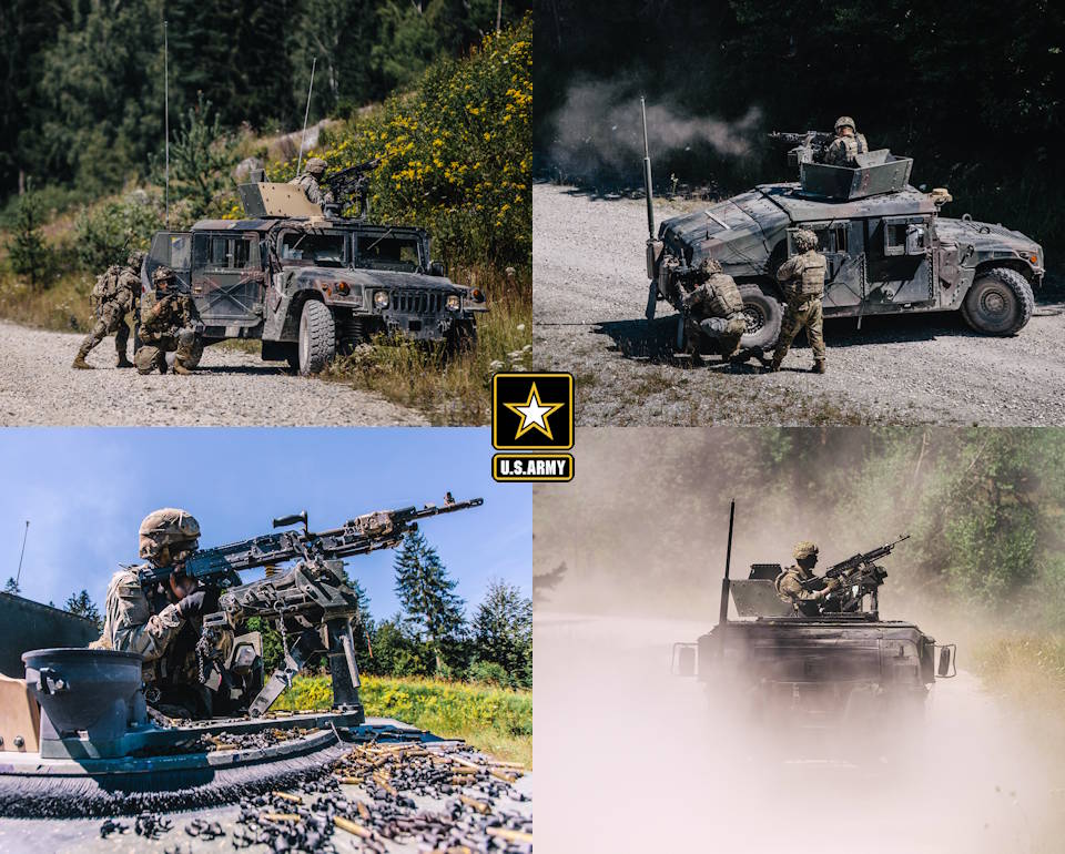 July 30, 2020 - U.S. Army paratroopers assigned to 1st Battalion, 91st Cavalry Regiment, 173rd Airborne Brigade react to contact during a live-fire exercise alongside support elements of the 173rd Brigade Support Battalion in Grafenwoehr Training Area, Germany, in preparation for Exercise Saber Junction 20. (Image created by USA Patriotism! from U.S. Army photos by Spc. Ryan Lucas)