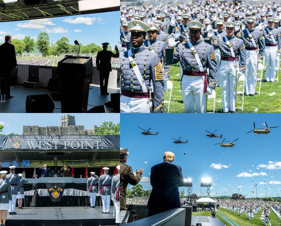 June 13, 2020 - After President Donald J. Trump addressed the 1,107 cadets of the graduating class of 2020 at the United States Military Academy (USMA) in West Point, NY, POTUS and LTG Darryl Williams, 60th Superintendent of the USMA ... watch the graduated cadets take the oath of office; salute the new Army officers two at a time; and, observe the new Army officers throwing their caps in the air as a helicopter flyover occurs at the conclusion of the ceremony. (Image created by USA Patriotism! from official White House photos by Shealah Craighead.)