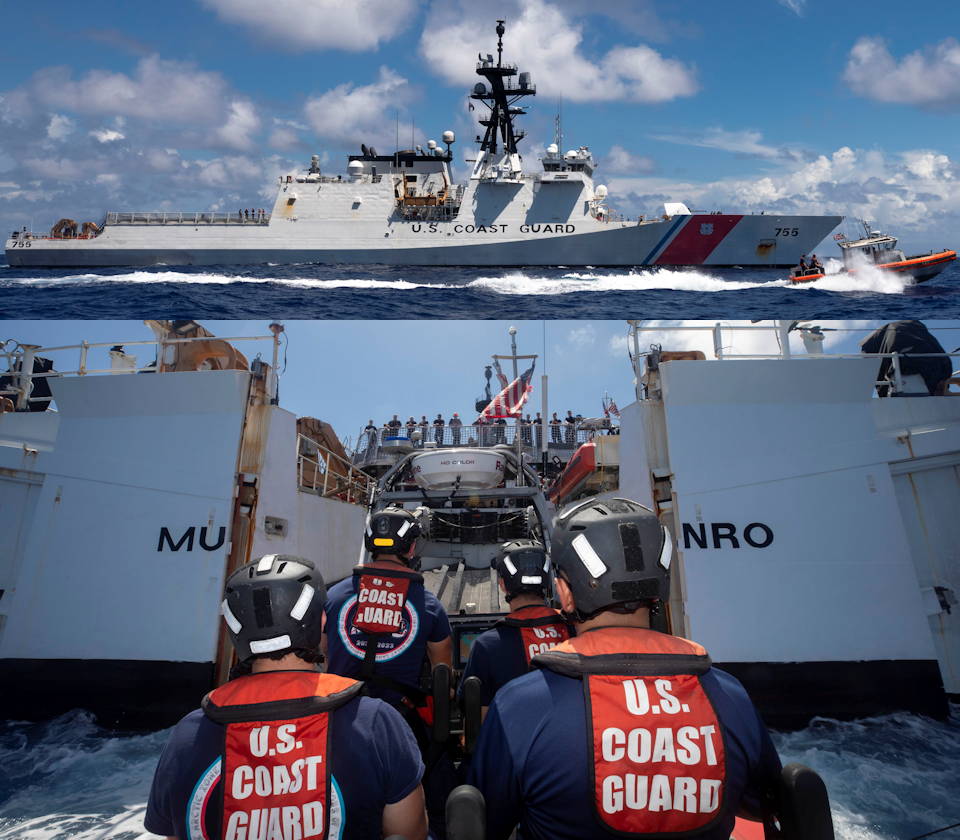 August 22, 2023 - U.S. Coast Guard Cutter Munro (WMSL 755) conducts routine small-boat training with its Long Range Interceptor Cutter Boat in the South China Sea with the bottom scene showing the Interceptor crew preparing to make a stern recovery into the Munro's "notch". (Image created by USA Patriotism! from U.S. Navy photos by Chief Petty Officer Brett Cote.)