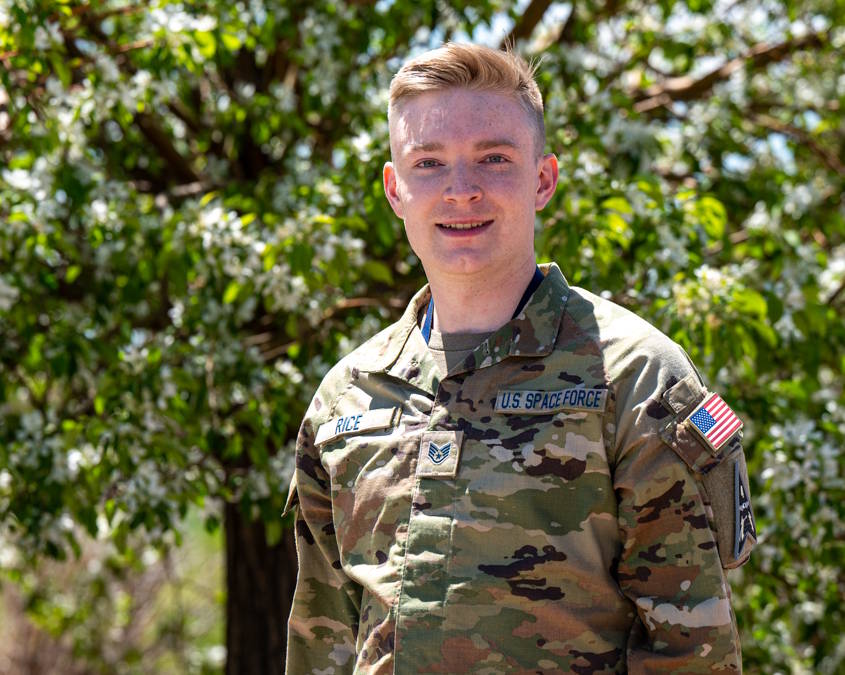 May 9, 2023 - U.S. Space Force Sgt. Andrew Rice, NCOIC of Current Operations with the 2d Space Warning squadron, is the recipient of the John Levitow award out of Airman Leadership School class 23-D Buckley Space Force Base, Colorado. (Image created by USA Patriotism! from U.S. Space Force photo by Airman 1st Class Shaun Combs.)