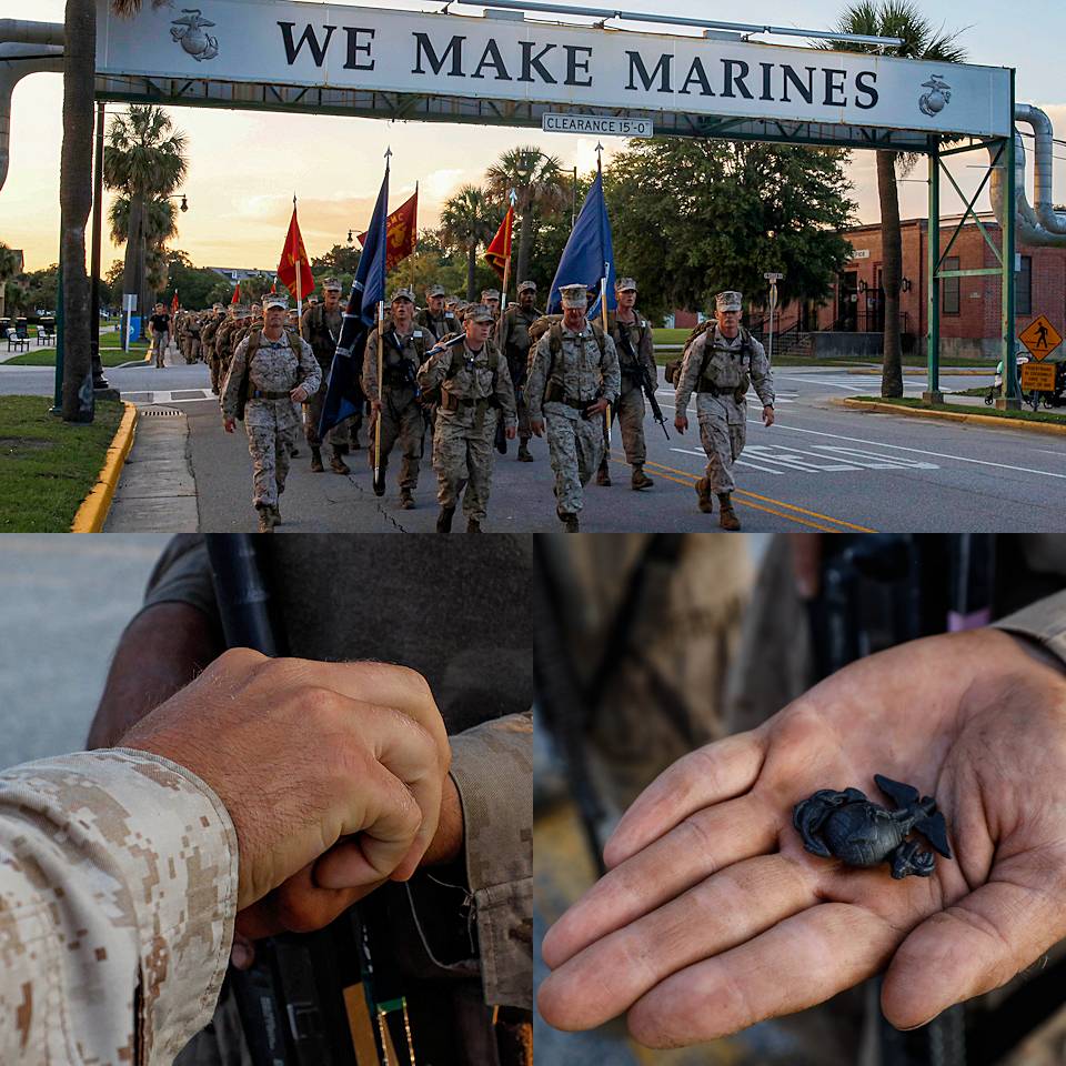 May 31, 2025 - May 31, 2025 - U.S. Marines with November Company, 3rd Recruit Training Battalion, walk under the 'We Make Marines' sign on Marine Corps Recruit Depot Parris Island, South Carolina as they finish their 15k hike to Peatross Parade Deck followed by receiving their Eagle, Globe, and Anchor ... officially becoming United States Marines. (Image created by USA Patriotism! from U.S. Marine Corps photos by Lance Cpl. William Horsley.)