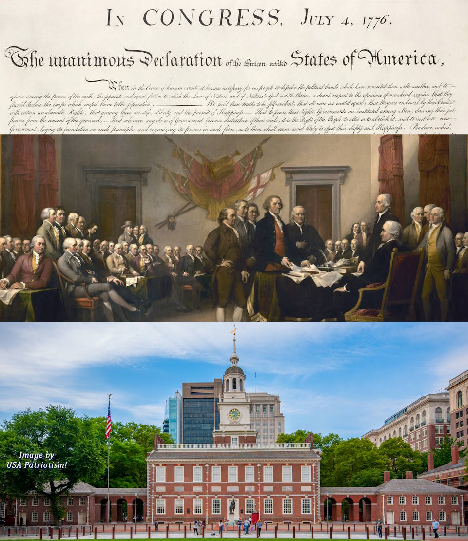 Independence Day honors the United States of America's birthday that was officially founded on July 4, 1776. It is a day of picnics and patriotic parades, a night of concerts and fireworks. The flying of 'Old Glory' ... the U.S. Flag ... is widespread. (Image created by USA Patriotism! with U.S. National Park Service photo.)