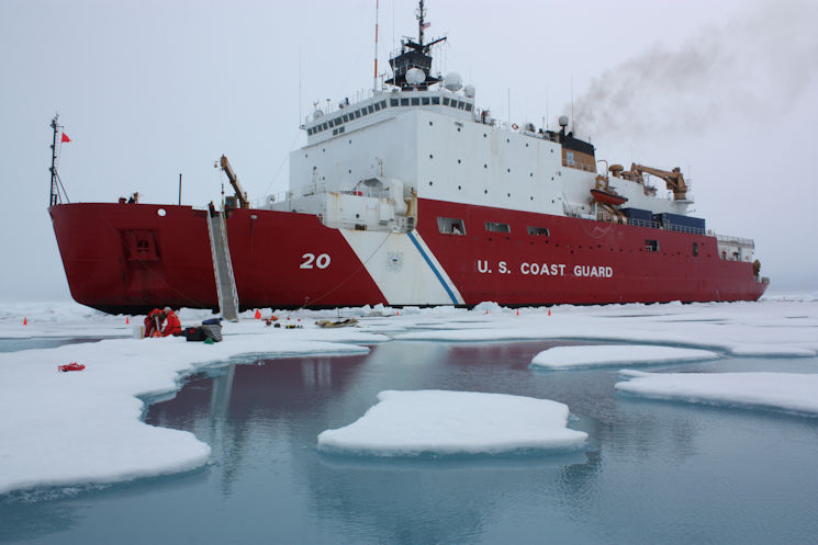 On July 6, 2011, the U.S. Coast Guard Cutter Healy parked in an ice floe for the 2011 ICESCAPE mission's third ice station in the Chukchi Sea. The ICESCAPE mission, or "Impacts of Climate on Ecosystems and Chemistry of the Arctic Pacific Environment," is NASA's two-year shipborne investigation to study how changing conditions in the Arctic affect the ocean's chemistry and ecosystems. The bulk of the research takes place in the Beaufort and Chukchi seas in summer 2010 and 2011. (NASA photo by Kathryn Hansen)